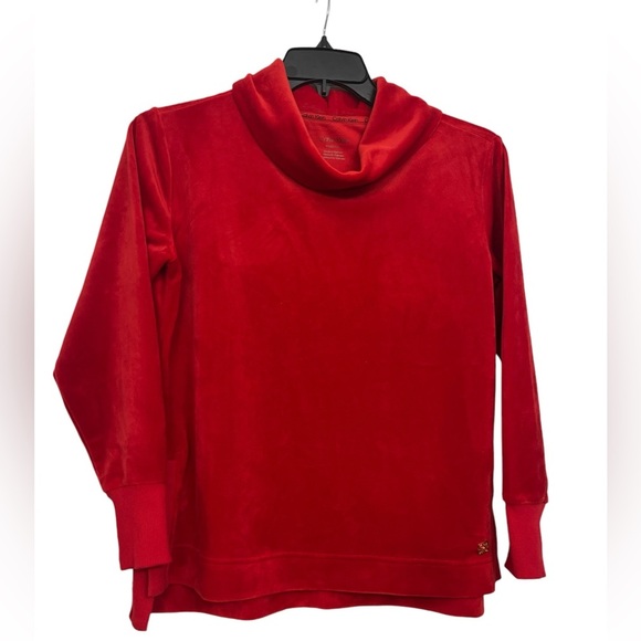 Calvin Klein•Red Velour Cowl Neck Winter Pullover Sweater Women’s Sz XS Like New - Picture 1 of 9
